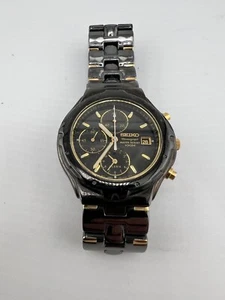 SEIKO 7T62-0CJ0 Quartz Chronograph Black Titanium & Gold Watch, Runs Strong! - Picture 1 of 16