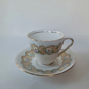Royal Stafford Bone China Tea Cup Saucer White Blue Flowers Brown Band Gold Trim - Picture 1 of 8
