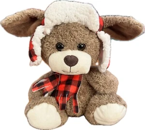 Walmart Welpe Hund Plüsch 7,5 Zoll braun Stofftier rot kariert Mütze Schal - Bild 1 von 9