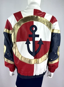 Julian K New 8 US 44 IT M Leather Zip Bomber Jacket Navy Gold Red Runway Auth - Picture 1 of 8