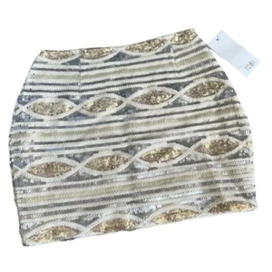 Tobi Kari Ivory Sequin Metallic Geometric Stripe Mini Skirt Size XS NWT - Picture 1 of 9