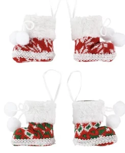 Lot Of 8 Knit Booties Christmas Tree Ornaments Red White Green 6” (4 Packs Of 2) - Picture 1 of 8