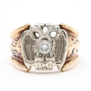 10K Yellow and White Gold Diamond Double Headed Eagle 32 Degree Mason Ring - Picture 1 of 7