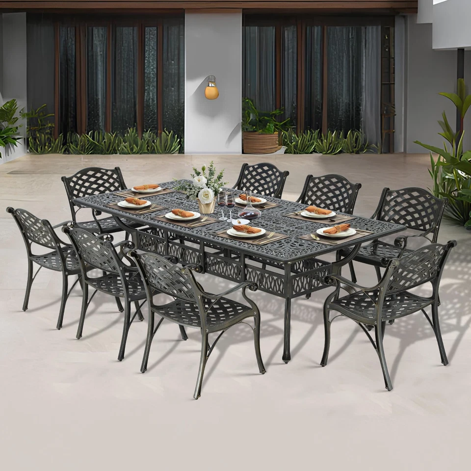 Juego de muebles de patio de aluminio fundido mesa y sillas de exterior para 8, orificio para sombrilla Foto 1 de 1