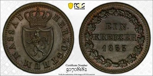 Z44 Germany Nassau 1855 Kreuzer PCGS MS-64 Brown Top Pop:1/0 Finest - Picture 1 of 3