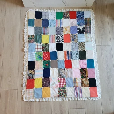 Vtg Handmade Patchwork Quilt Puff Throw Crib Blanket Cottagecore Lace Trim 46x34 - Image 1 of 4