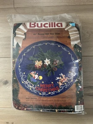 BUCILLA Kit 43" Round Blue Felt Tree Skirt "MERRY CHRISTMAS” 1993 New HTF! - Image 1 of 3
