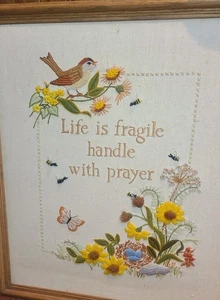 Vtg 70s Crewel Needlework "Life Is Fragile Handle With Prayer" Framed 25x22 - Picture 1 of 13
