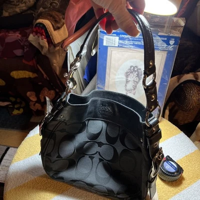 Coach Signature Hobo Shoulder Bag Purse Black Leather Trim  silver Buckle  - Image 1 of 4