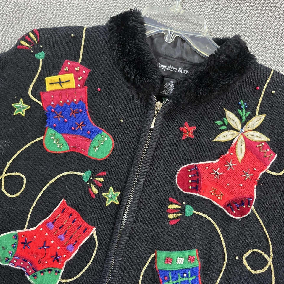 Hampshire Studio Sweater Cardigan Womens 3XL Zip Christmas Stockings Beaded Ugly - Image 1 of 4