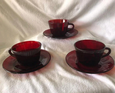 Anchor Hocking Royal Ruby Teacups & Saucers Vintage - Set of 3 - Image 1 of 4