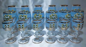 Top czech bohemia blue glass set 18 pcs. decorated gold and enamel - Picture 1 of 9