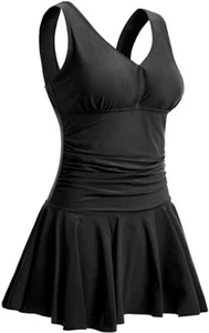 WOMENS Plus Size Bathing Swimsuit Black One Piece Ruched Skirted - Picture 1 of 3