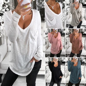 Plus Size Women Button Long Sleeve T Shirt V Neck Oversized Loose Blouse Tops - Picture 1 of 20