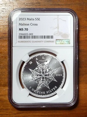 2023 Malta 1oz Silver 5 Euro Coin Maltese Cross MS70 ~ LOW POPULATION - Image 1 of 4