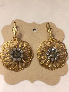 Clara Beau Gold F. Earrings With Gray Center Crystal & Clear Crystals