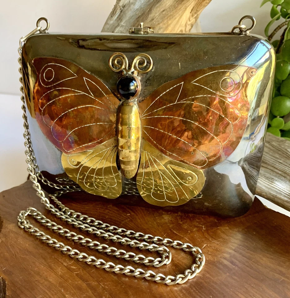 1970s Boho Hippie Mixed Metal Butterfly Solid Hinged Shoulder Bag Brass Art - Image 1 of 4