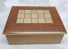 Mid Century Art Deco Hinged Tin Box West Germany Brown Gold Faux Wood Background