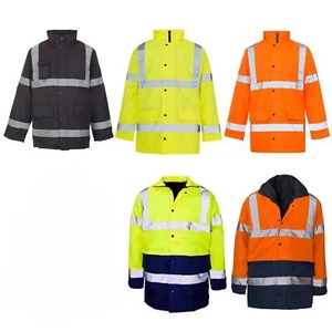 Hi Vis Viz Parka Safety Jacket Coat Reflective Tape Waterproof Fleece Workwear - Picture 1 of 8