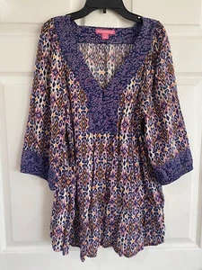 Woman Within Top Womens Plus 14/16 Navy Paisley Floral Button Collar 3/4 Sleeve - Picture 1 of 6