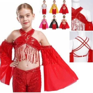 Girls Latin Belly Jazz Dance Sequin Tassel Shiny Long Sleeve Fringe Cross Top - Picture 1 of 38