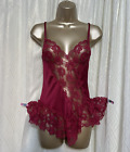 Vtg M L Red Playsuit Val Mode Olga esque TEDDY RUFFLE LACE LINGERIE Sexy Sheer 