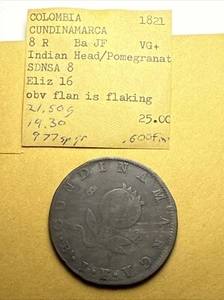 Colombia Cundinamarca 8R 1821 BA JF Very Rare In This Shape - Picture 1 of 7