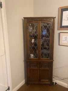 Old Charm Corner Cupboard, Solid Oak, Glass Leaded Panels - Picture 1 of 1