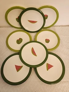 Watermelon Dessert CERAMIC  PLATES SET OF 8   TAG Brand 6 3/4" -  GREEN TRIM - Picture 1 of 5
