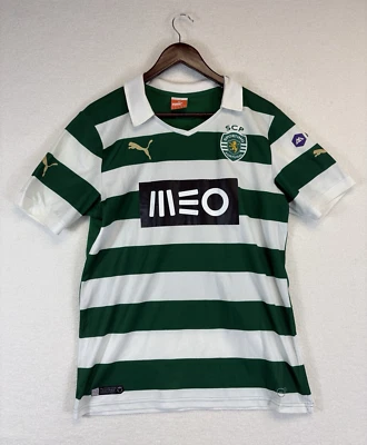 Jersey Puma Sporting Lisboa de Portugal 2013/14 Blanco Verde Rayas Hombre Mediano Foto 1 de 4