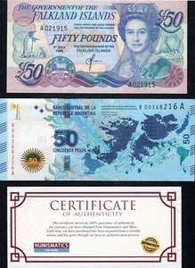 Malvinas Argentina- Falkland Islands Great Britain - 5 Pounds, 50 pesos 2005 UNC - Picture 1 of 2