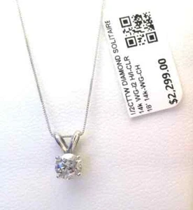 $2400 REAL GENUINE Diamond SOLITAIRE PENDANT NECKLACE 14k WHITE Gold SOLID! 18' - Picture 1 of 5