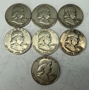 Lote de 7 medios dólares de plata Ben Franklin 1952 50C, 90% monedas de plata, lote #1 - Imagen 1 de 3