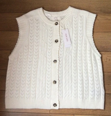 M&S Per Una Ivory Cable Knit 25% Wool Button Front Waistcoat/Vest Top 22 New - Image 1 of 4
