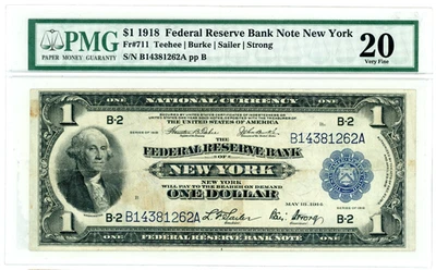 PMG 1918 $1 Federal Reserve Bank of New York Very Fine 20 - Image 1 of 2