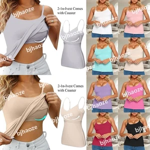 Women Built in Bra Padded Cami Vest 2 in 1 Camisole Tops With Shelf Tank T Shirt - Picture 1 of 31