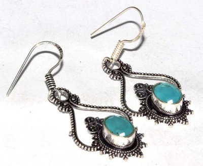 Trending Blue Chalcedony 925 Silver Plated Gemstone Earrings 1.8" GW - Image 1 of 3