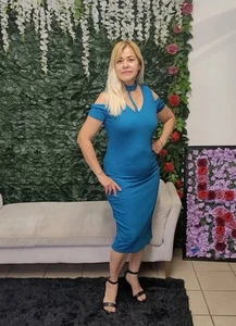 Venus Blue Knee-Length Chic Bodycon Dress Blue Cold Shoulder XS -XL Stretch - Picture 1 of 5