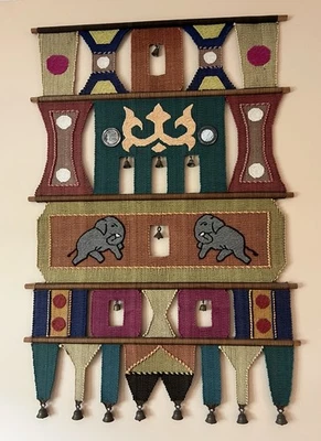Large Woven Handmade Wall Hanging Tapestry w/ Elephants & Brass Bells 32x46 Vtg - Image 1 of 4