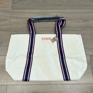PINK VICTORIAS SECRET Tan Pink Blue Stripe Canvas Beach Tote Travel Bag One Size - Picture 1 of 5