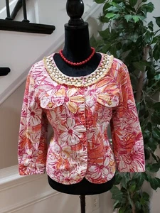 Ruby Rd. Women's Multi Floral Island Leaves Beads Cotton Blazer Jacket Size 14 - Picture 1 of 11