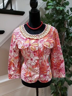 Ruby Rd. Women's Multi Floral Island Leaves Beads Cotton Blazer Jacket Size 14 - Image 1 of 4