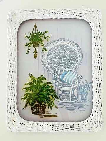 Vintage Wicker Rattan Frame Peacock Chair & Fern Print Wall Art Decor Boho Cover