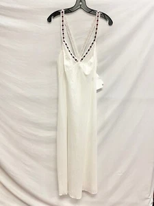 EILEEN WEST White Red Ribbon V-Neck Night-Gown Maxi Chemise Dress Semi-Sheer M - Picture 1 of 6