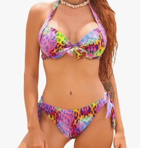 Colloyes Two Piece Bikini PushUp Halter Bathing Suit Medium,NWT Colorful Leopard - Picture 1 of 9