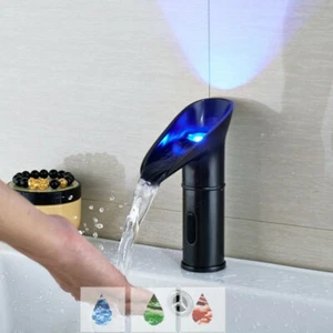 Bathroom LED Basin Sensor Mixer Touchless Black Faucet Waterfall Brass Taps - Picture 1 of 7