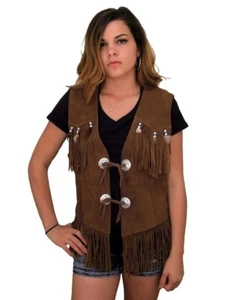 Womens Leather Fringe Vest American Style Suede Leather Ladies Beaded Waistcoat - Picture 1 of 3