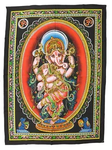 Indischer Hindu Gott tanzend Ganesha Pailletten Baumwolle Wandhängend 80x110 cm - Bild 1 von 6