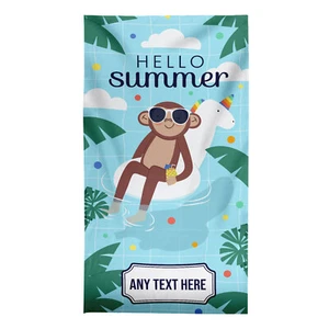 150 x 75 cm Personalised Cartoon Monkey Hello Summer Beach Towel Holiday Pool - Picture 1 of 12