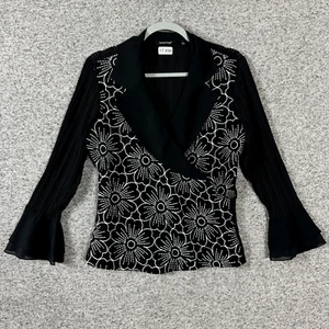 Samuel Dong Women's Large Black Floral Deep V-Neck Pullover Flare Cuff Top - Picture 1 of 10